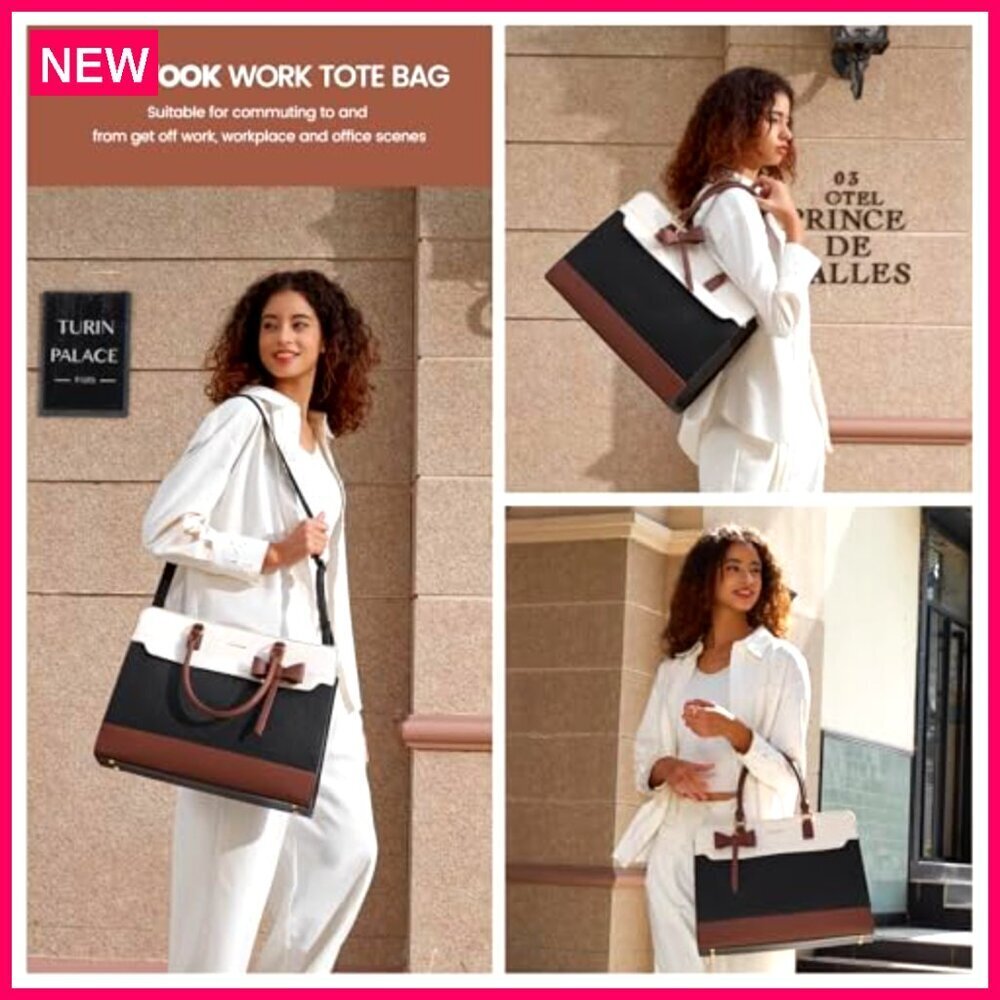 Leather Laptop Tote Bag for Women, Waterproof Work Briefcase, 15.6 Inch - Picture 3 of 7